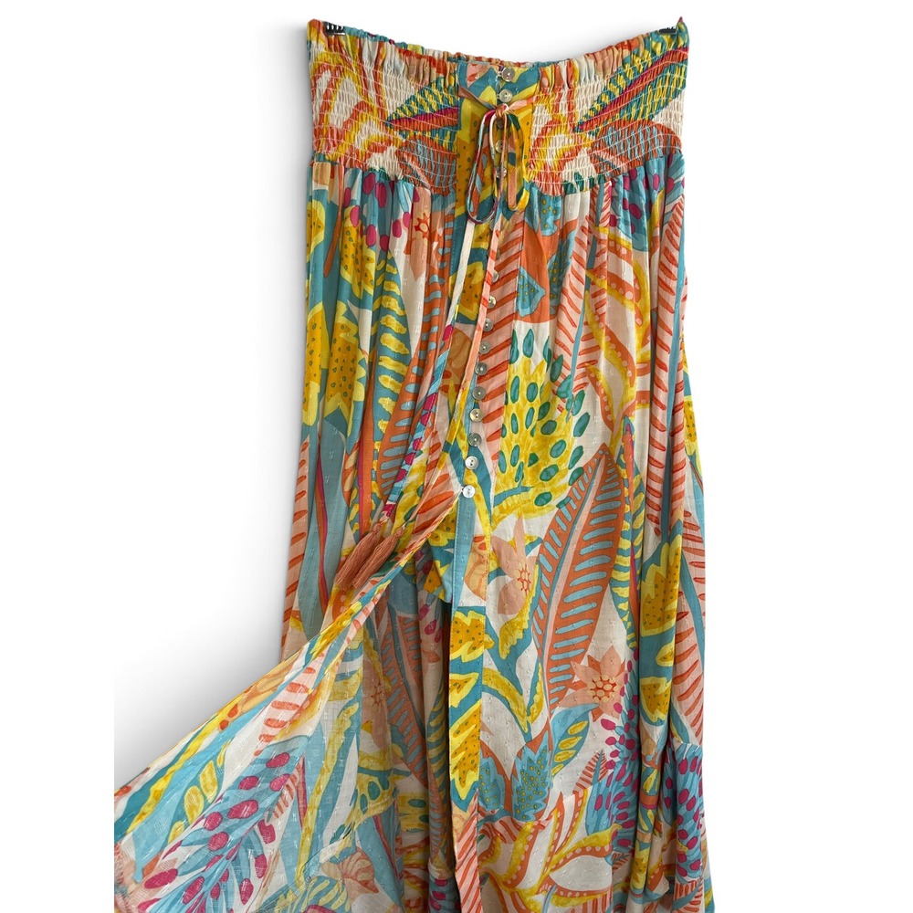 Christian Siriano Tropical Floral Smocked Button Front High Low Maxi Skirt M - Picture 5 of 16